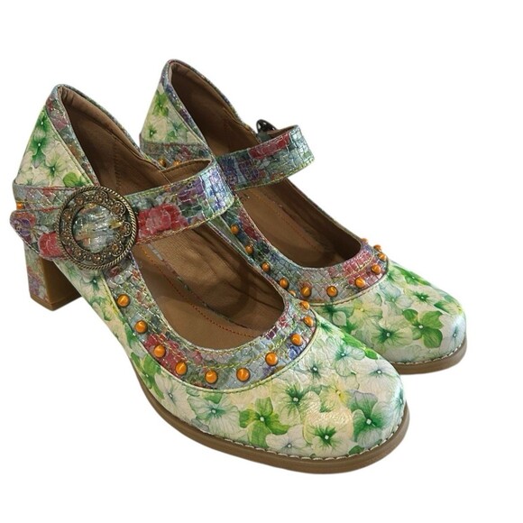 L'Artiste Spring Step Luckigirl Mary Jane Pump Green Multicolor Beaded Sz 41 - Picture 5 of 16